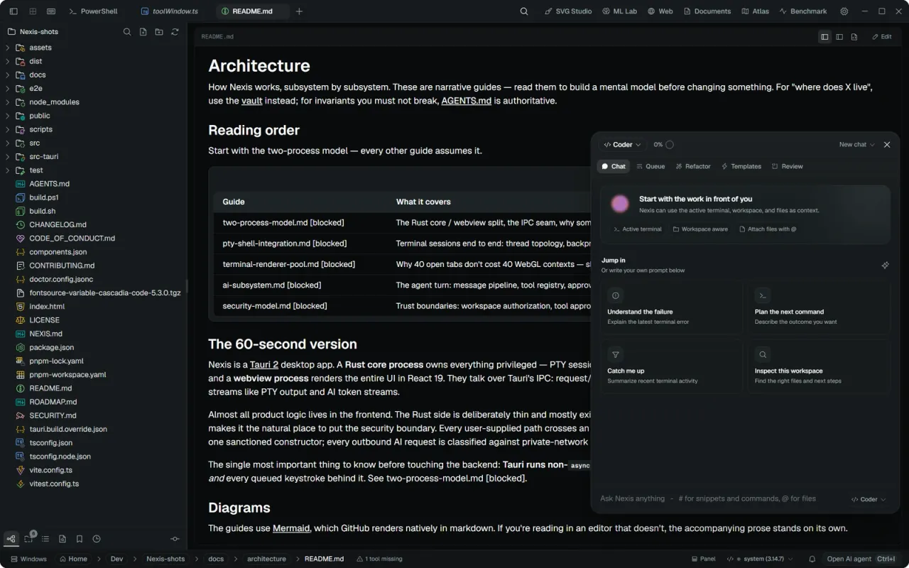 The Nexis AI panel open over a markdown preview, showing its tool strip and new-chat card