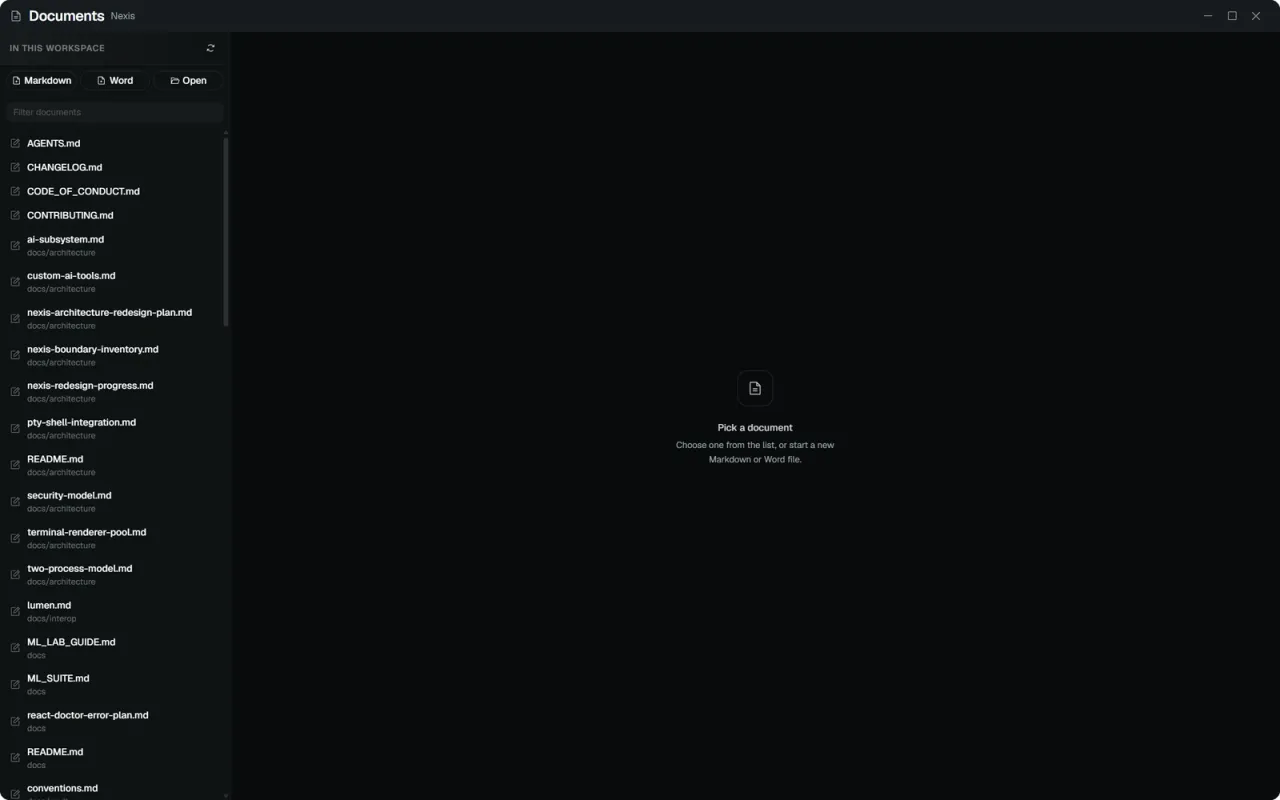 Nexis — The Documents window before a document is opened