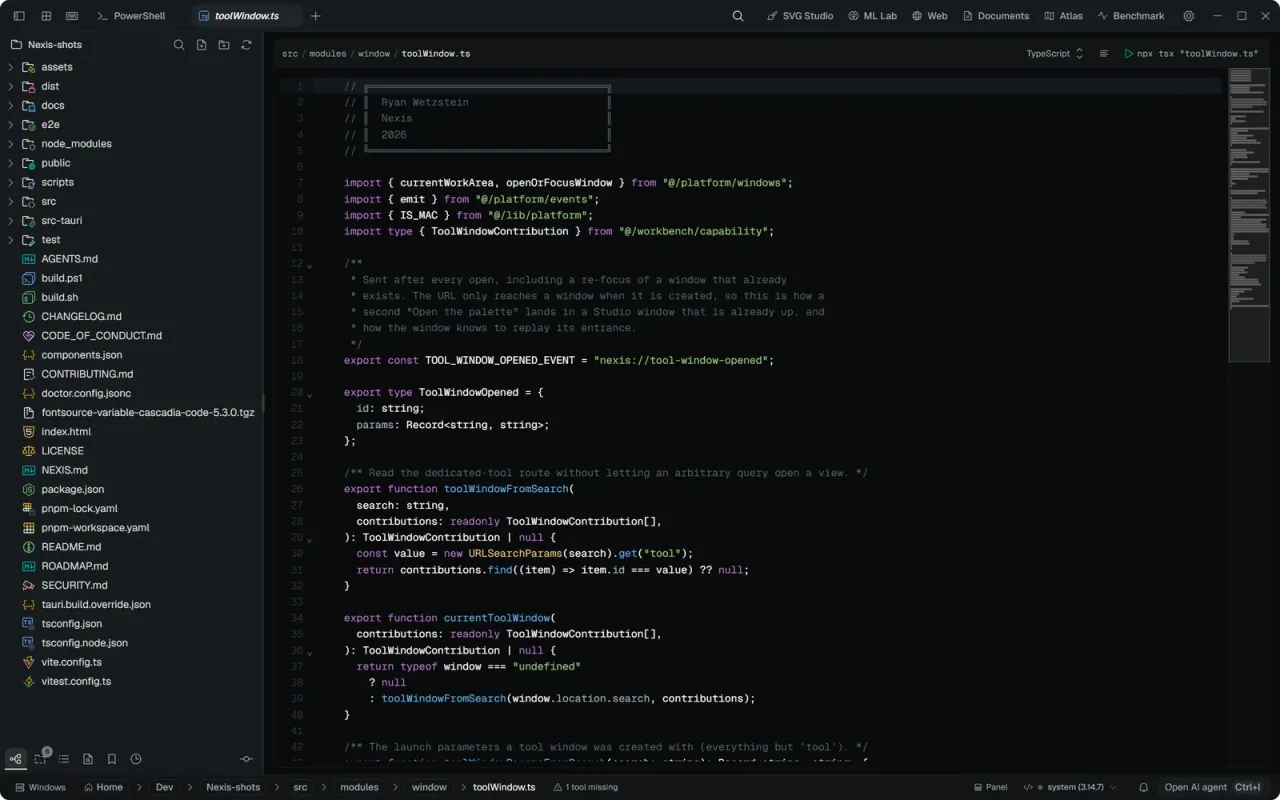 Nexis — A TypeScript file in the editor, with breadcrumbs and the minimap