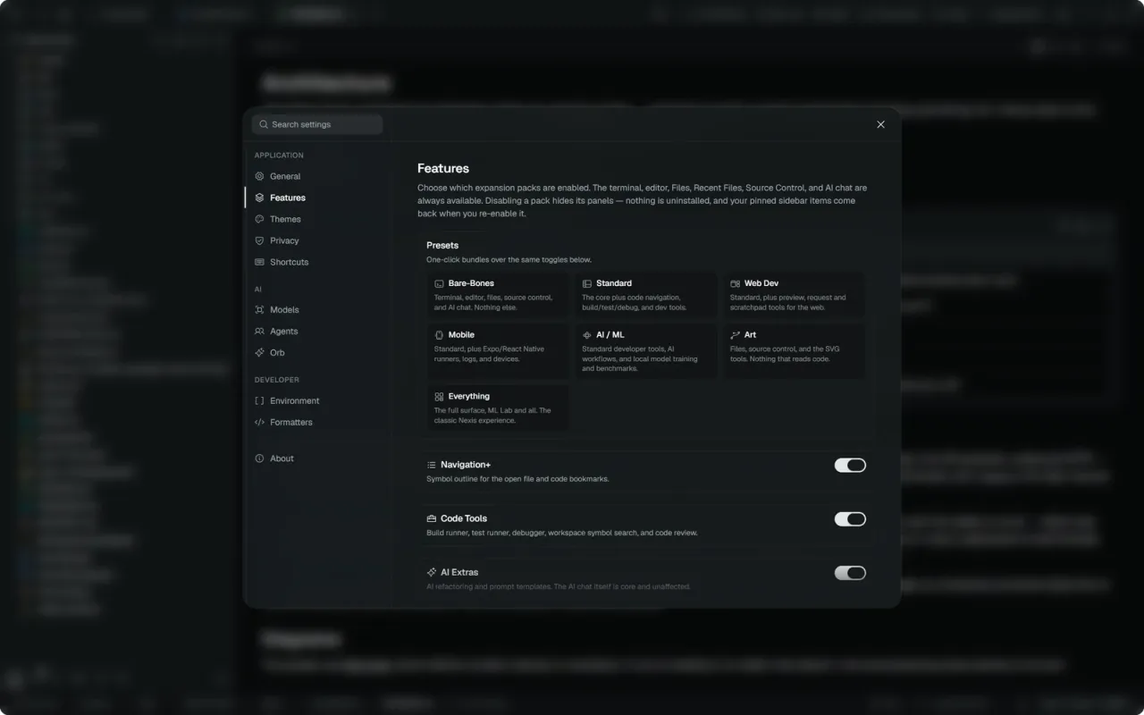 Nexis — Settings → Features
