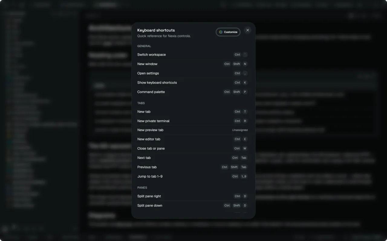 Nexis — The searchable keyboard shortcuts panel