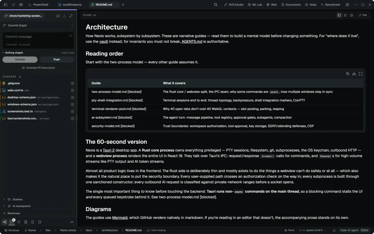 Nexis — The Source Control panel beside a markdown preview