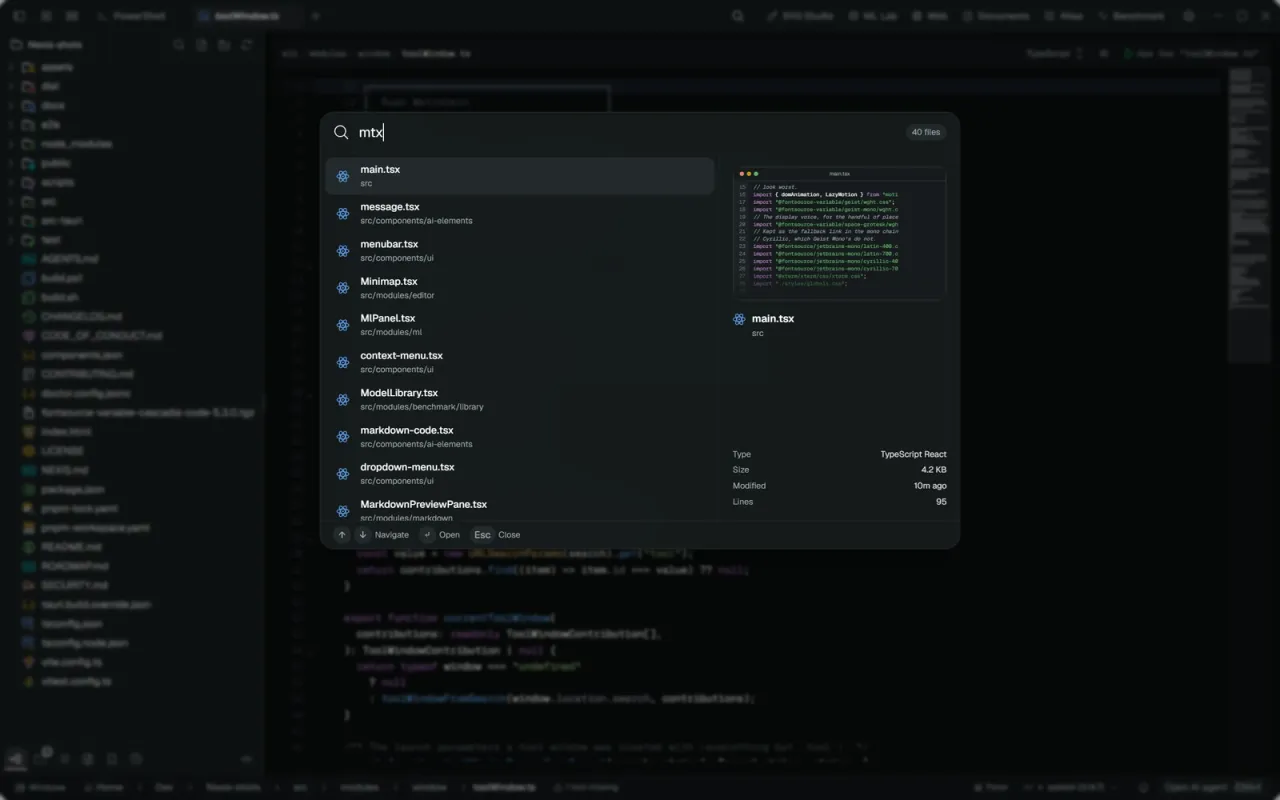 Nexis — Spotlight (Ctrl/Cmd+P) finds files and commands, with a live preview beside the results