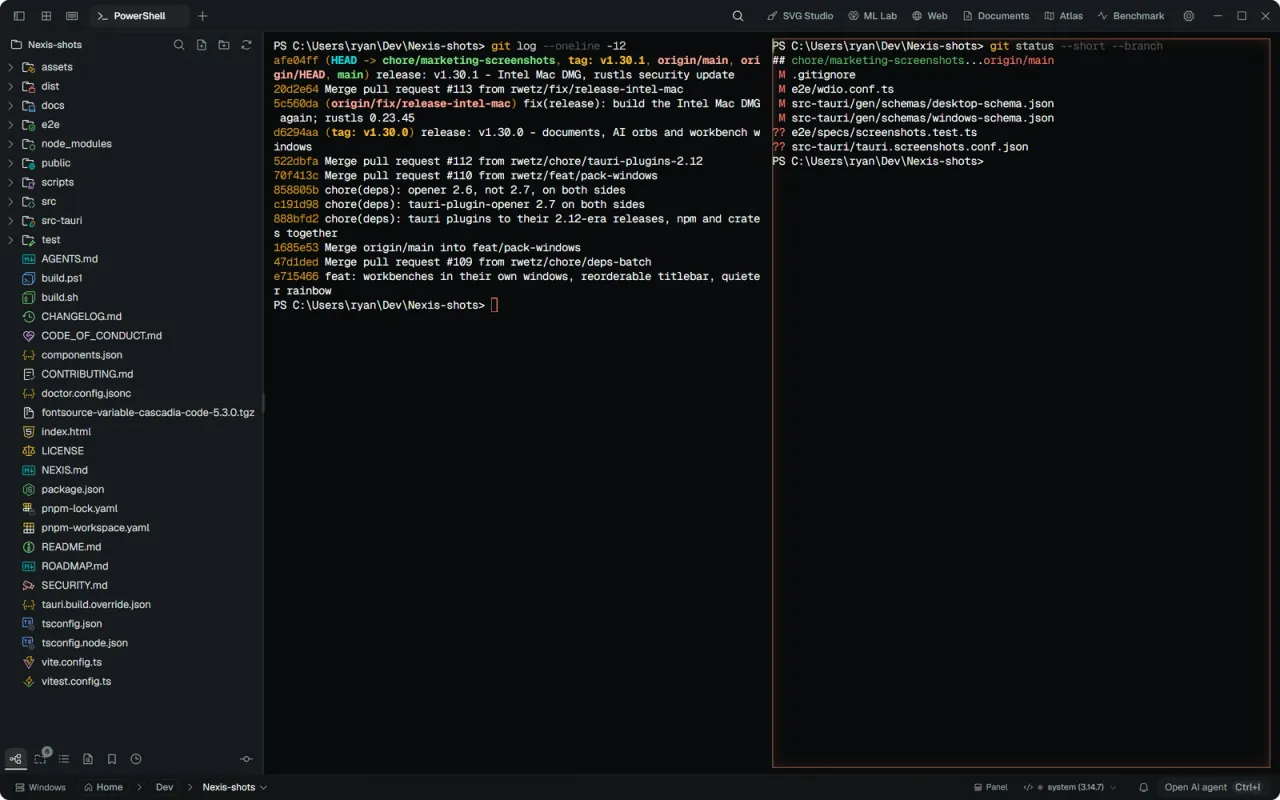 Nexis — Two terminal panes side by side, running git in the Nexis repo