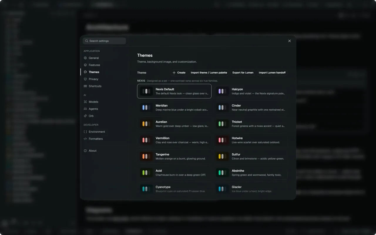 Nexis — The theme picker in Settings → Themes