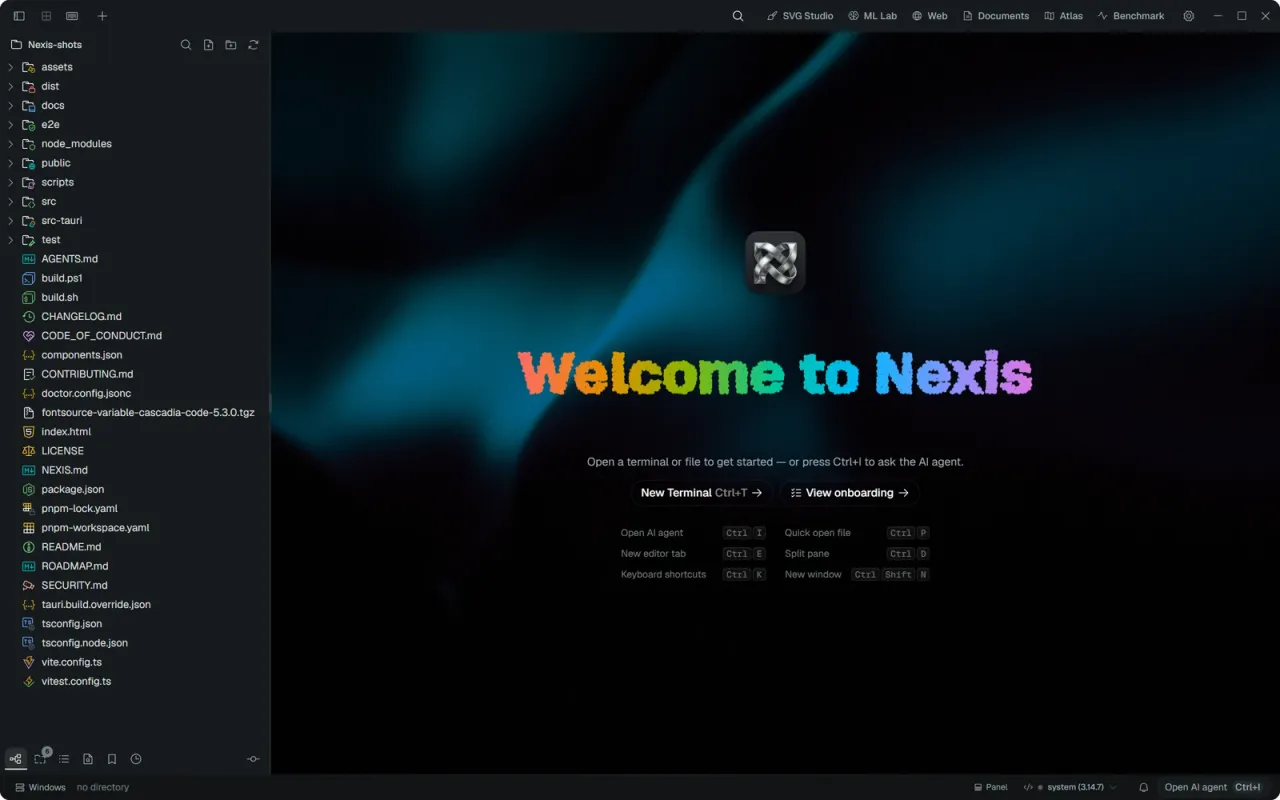 Nexis — The welcome screen, with its particle wordmark, shown when no tabs are open